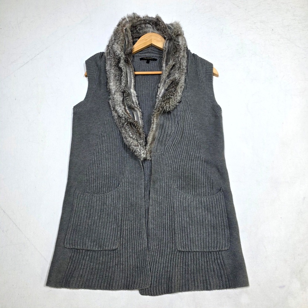 Kobi Halperin Vest Womens M Gray Real Rabbit Fur Collar Ribbed Knit Cardigan
